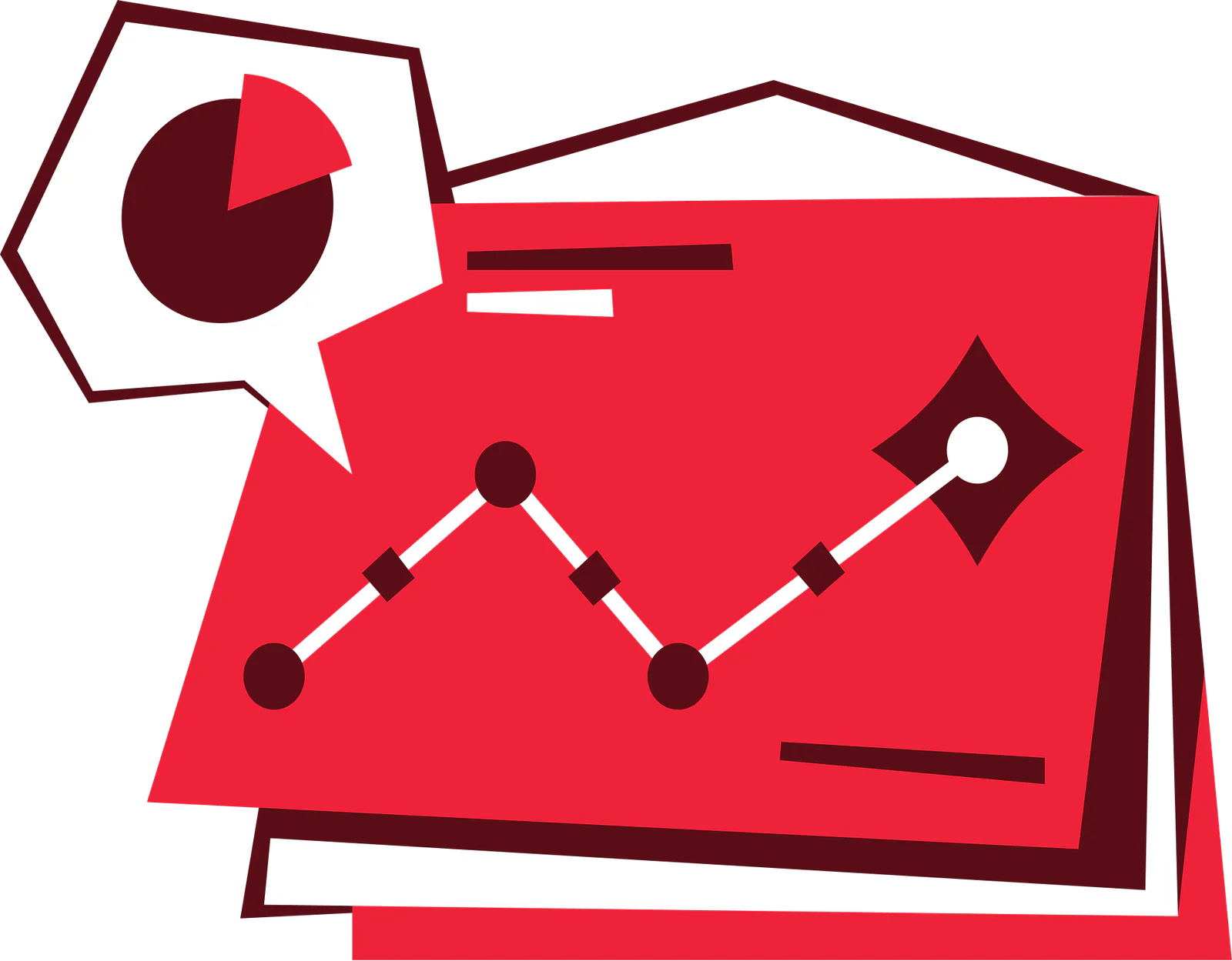 Graph and pie chart illustration on red background representing data analysis.