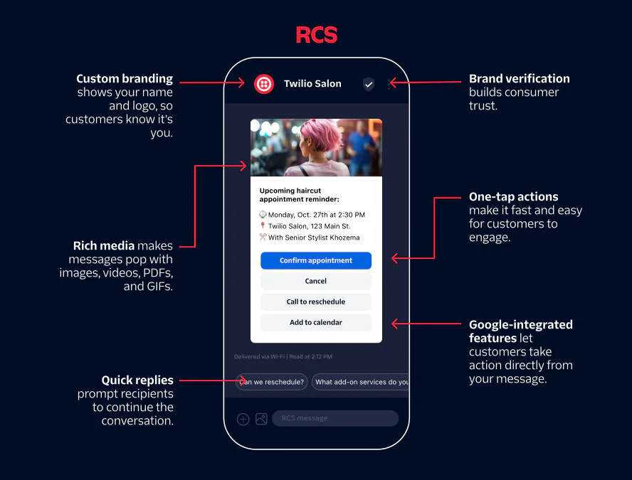 **RCS messaging benefits showing features like custom branding, rich media, and quick replies.**