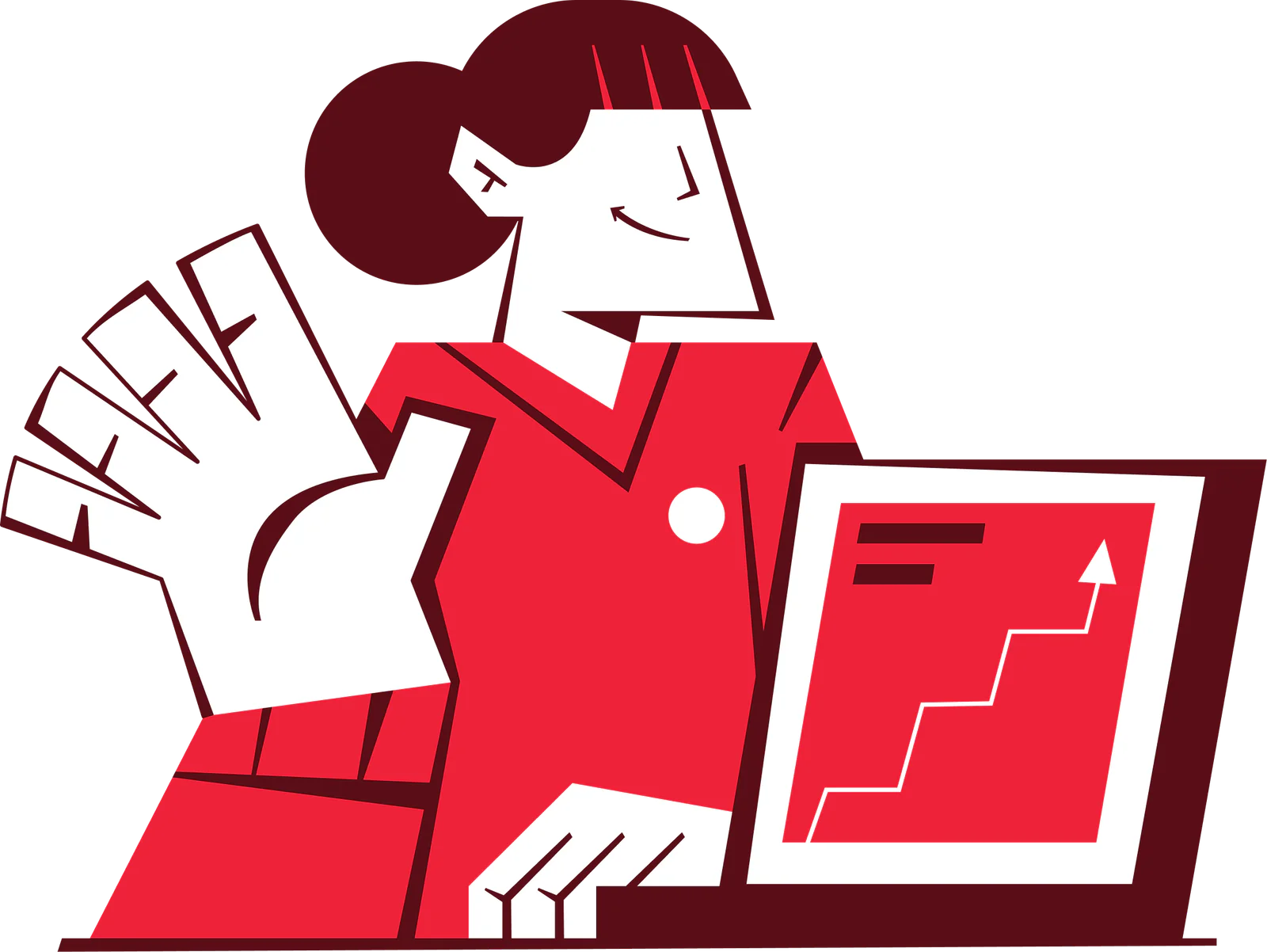 Cartoon woman smiling and waving, sitting by a laptop with an upward graph displayed on the screen.