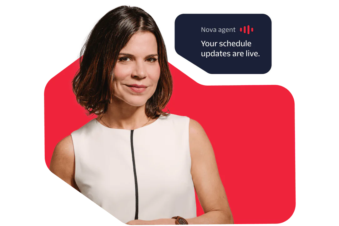 Woman in a white dress with a Nova agent reminder at 4