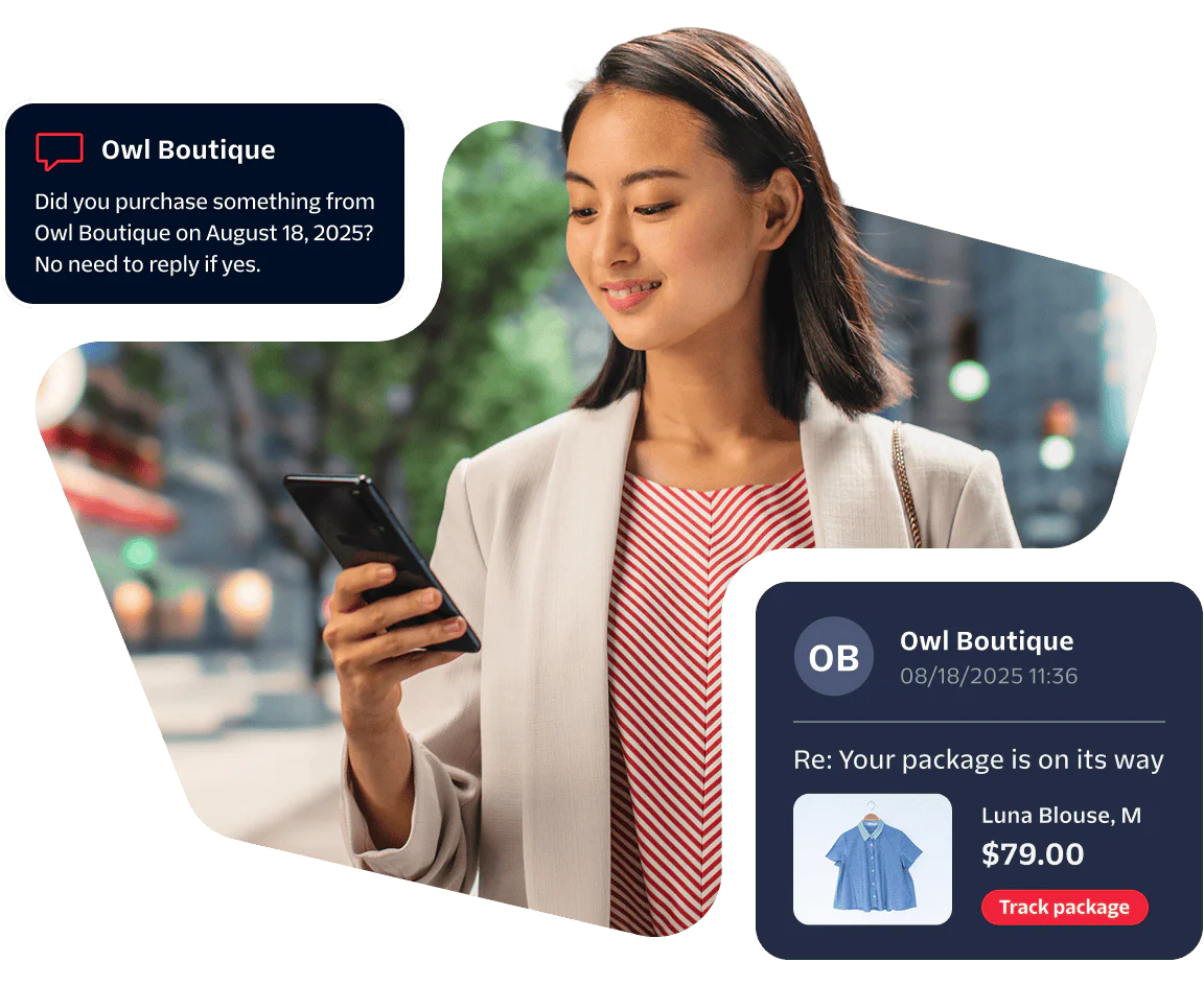 Woman smiling at her phone with shopping notifications and package tracking details