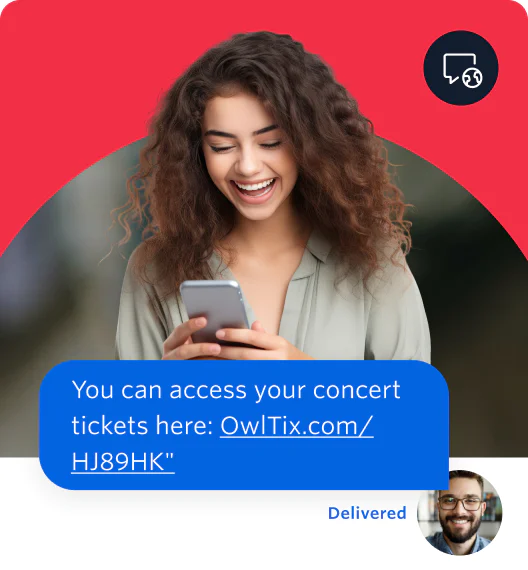 Woman smiling at her phone, with a message about concert tickets and a delivered icon.