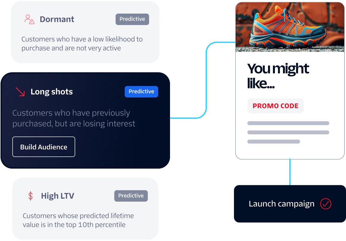 Diagram showing strategies for dormant, long shot, and high LTV customers with a promo code for product recommendation.