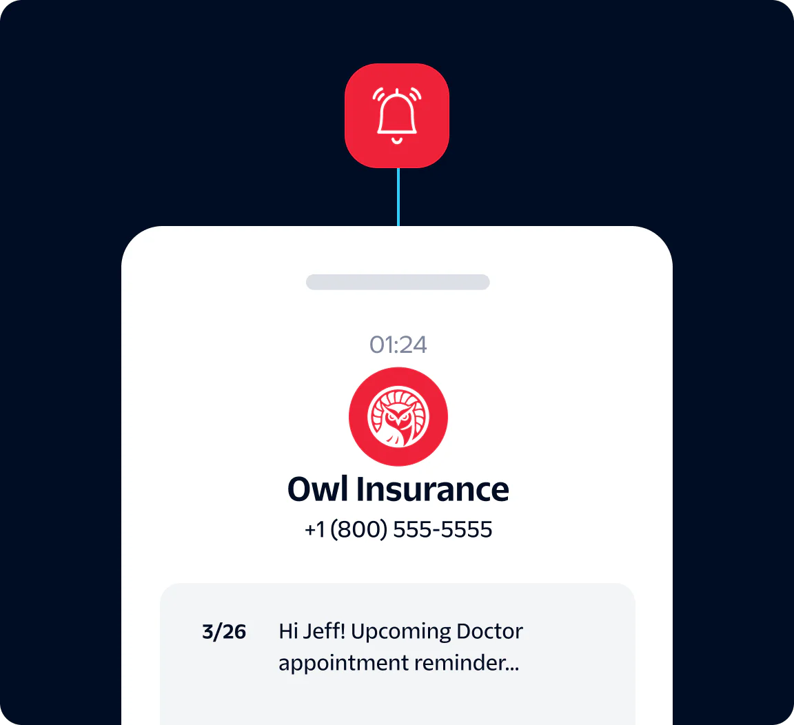 Smartphone screen showing an Owl Insurance notification about an upcoming doctor appointment.