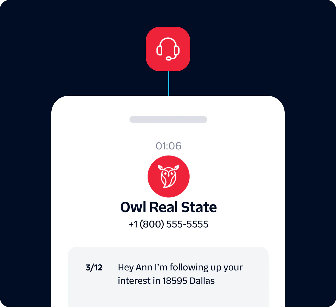 Text message from Owl Real State following up on interest in Dallas property, shown on a smartphone screen.