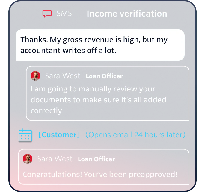 SMS conversation between a customer and a loan officer about income verification and preapproval.
