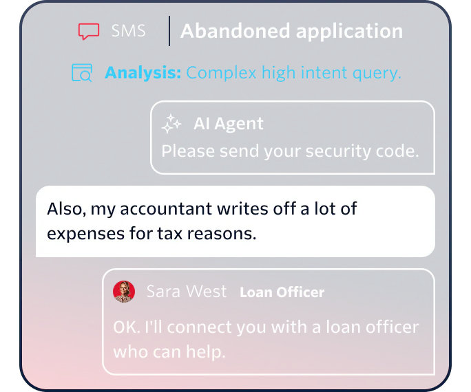Chat interface showing complex query with an AI agent and a loan officer assisting a customer.