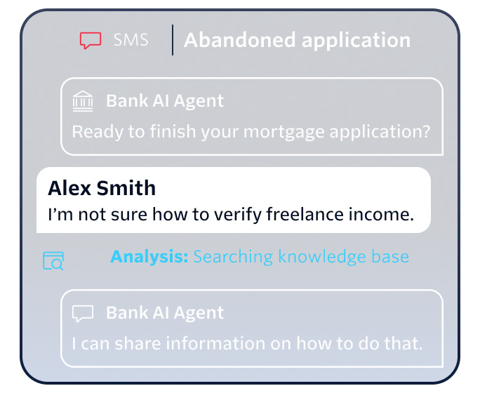 Chat with a bank AI agent helping a user with a mortgage application and verifying freelance income.