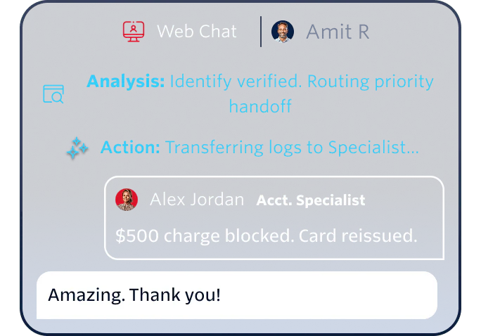 Customer support chat interface showing conversation about a blocked charge and card reissue.