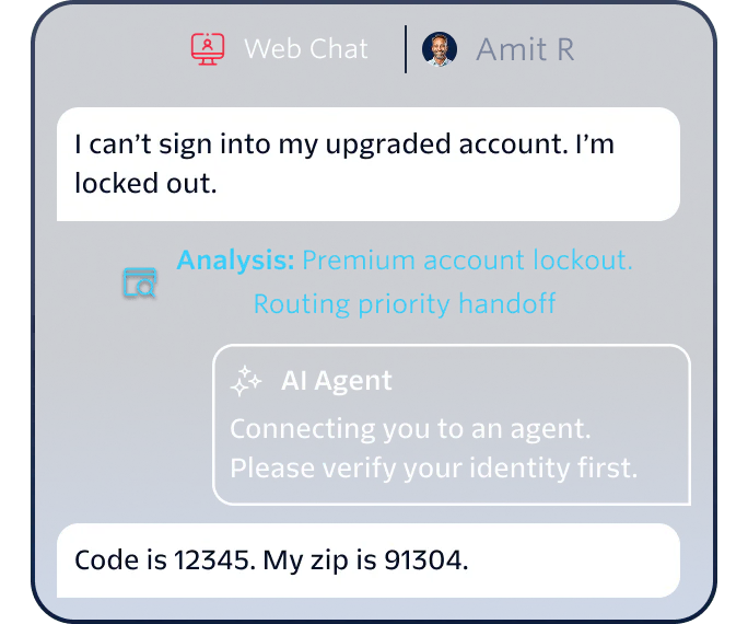 Customer chats with web agent about account lockout issue; AI agent verifies identity with a code and zip.