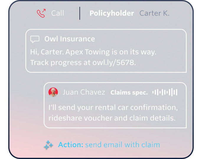 Insurance company messaging a policyholder about towing and rental car confirmation.