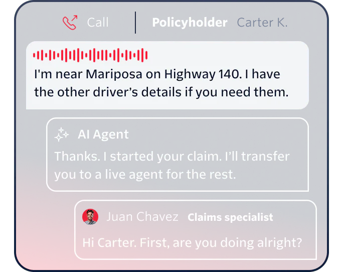 Screenshot of an AI chat interface with a policyholder, AI agent, and claims specialist discussing a highway incident.