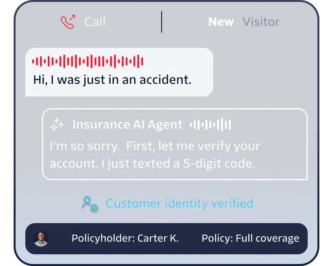 Chat screen showing a conversation with an insurance AI agent verifying a policyholder's account after an accident.