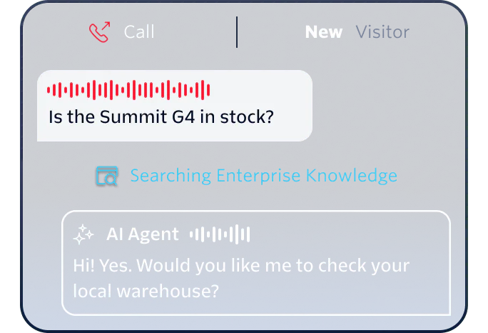 Chat interface showing a customer's query about Summit G4 stock availability and an AI agent offering to check the local warehouse.