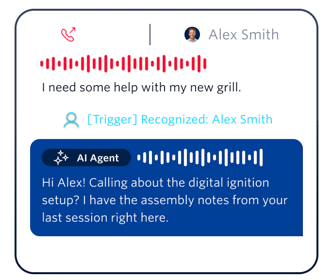 AI agent helps customer, Alex Smith, with grill setup after recognizing his text message.