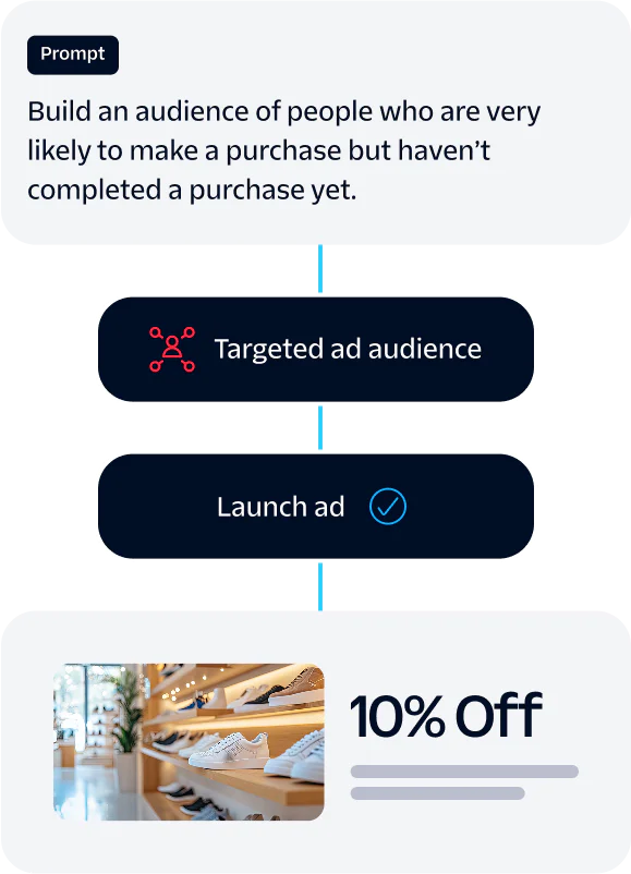 Steps to build a targeted ad audience and launch an ad offering 10% discount on shoes shown in a flowchart style.