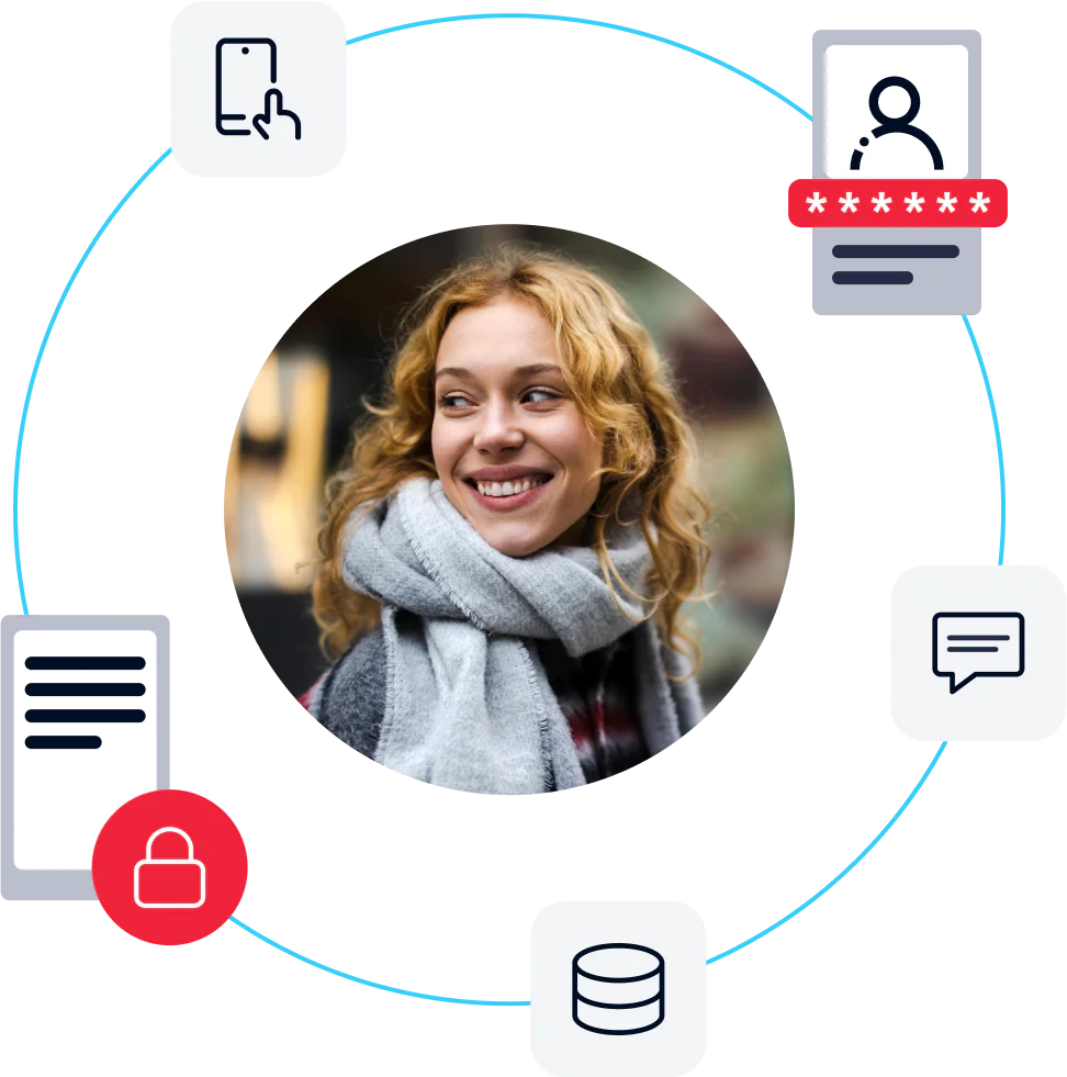 Smiling woman in a scarf encircled by various tech and security icons.