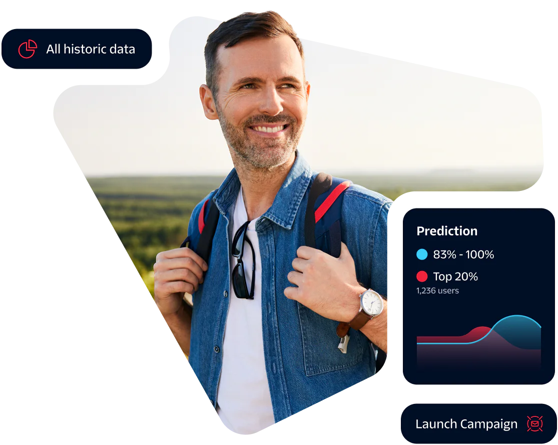 Smiling man with backpack, overlay of data charts, and Launch Campaign button
