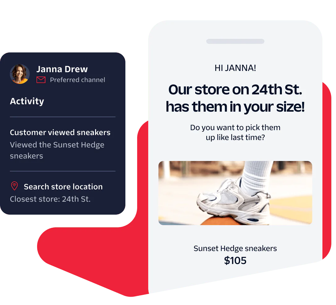 Customer Purchase Recommendation Based on Activity Mobile notification showing customer activity details and recommending shoes based on location and preferences.