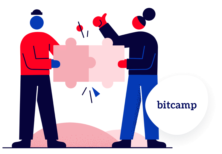 Illustration of a two people fitting puzzle pieces together in celebration
