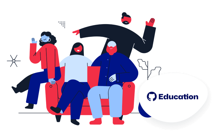Illustration of a group of friends sitting on a couch, with a GitHub Education logo 