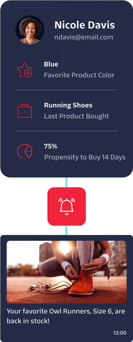 Marketing dashboard showing Nicole Davis's product preferences and a notification about a product restock.