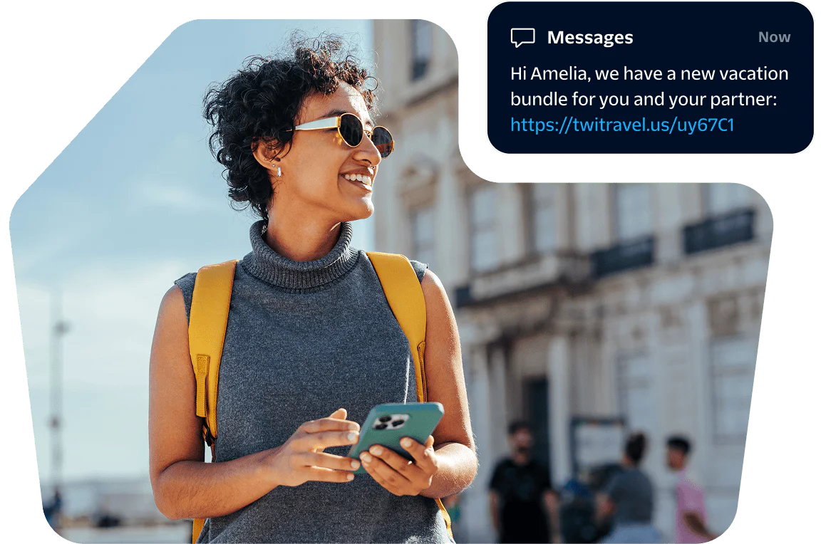 Woman with curly hair wearing sunglasses and a backpack, holding a phone, with a vacation offer text on screen.