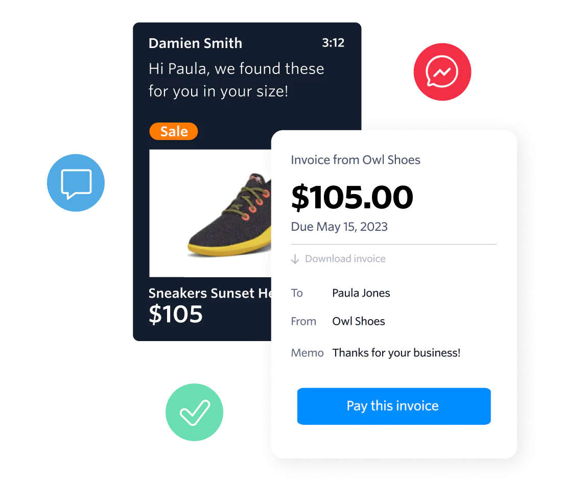 UI showing payment confirmations delivered via alerts, notifications and communications on customer’s channel of choice