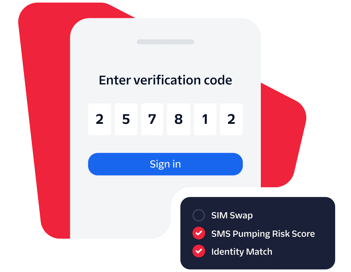 Verification Code Entry with Security Features Screenshot of a verification code entry screen with security feature indicators for SIM swap, SMS pumping risk, and identity match.