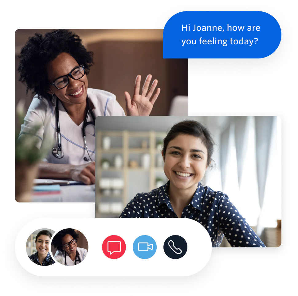 A doctor and a young patient having a video call for a medical appointment using an APP that uses one care management omnichannel.