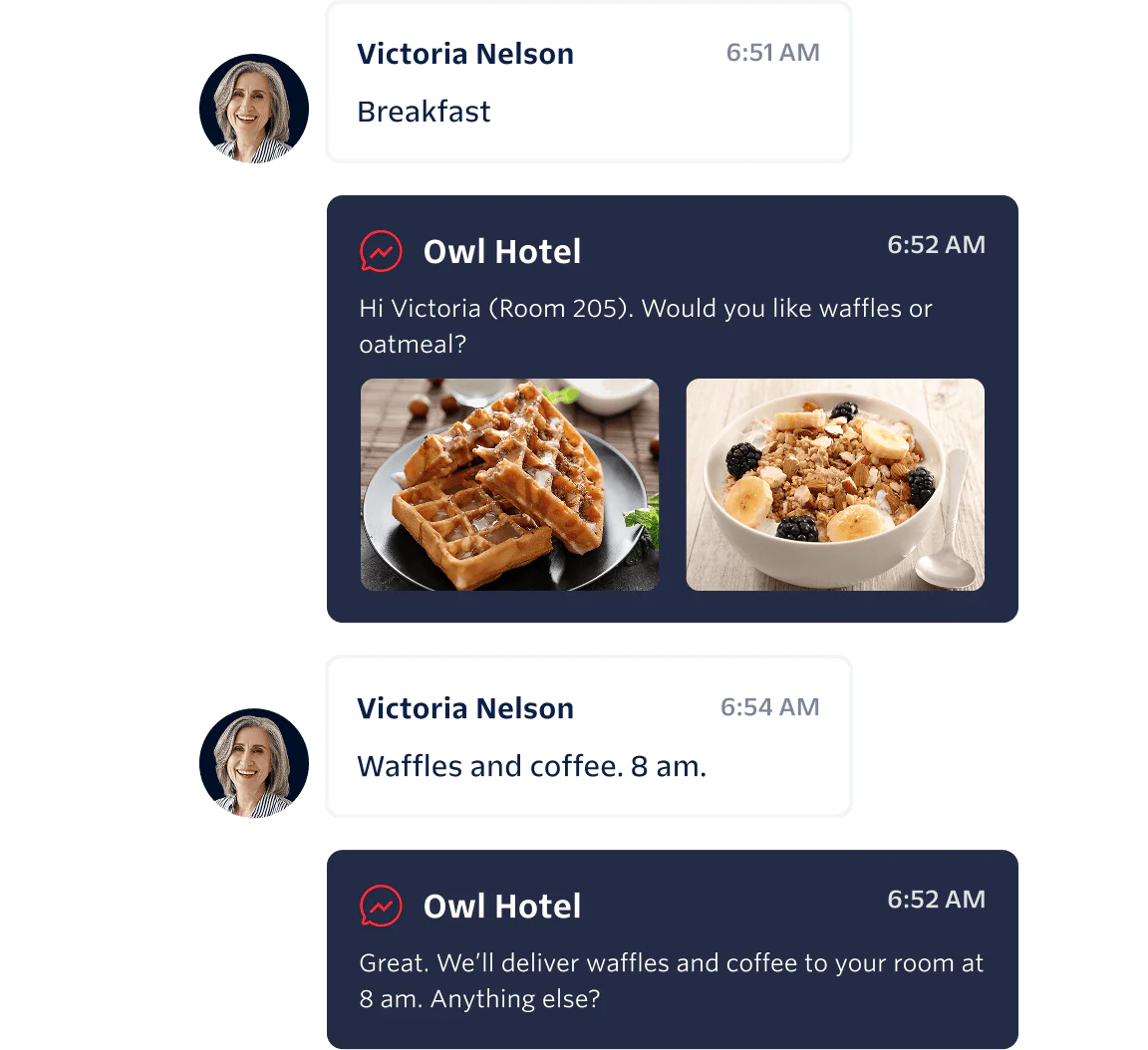 Chat between Victoria Nelson and Owl Hotel about breakfast order with waffles image.