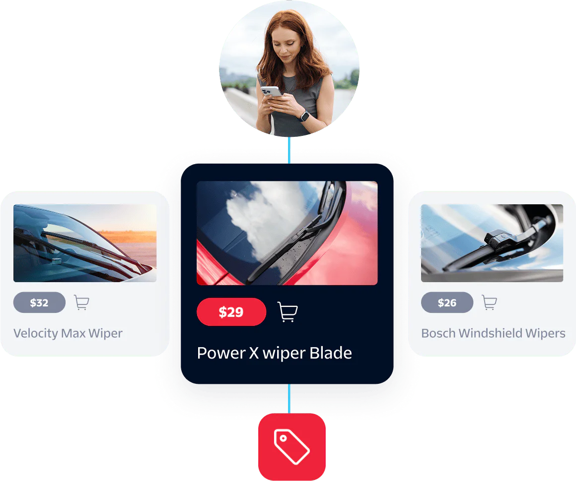 Woman shopping on her phone with images of three types of windshield wipers and their prices.