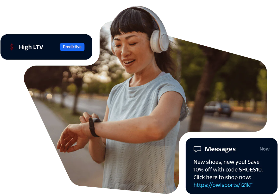 Woman wearing headphones checks smartwatch with promo message notification bubble on the side.