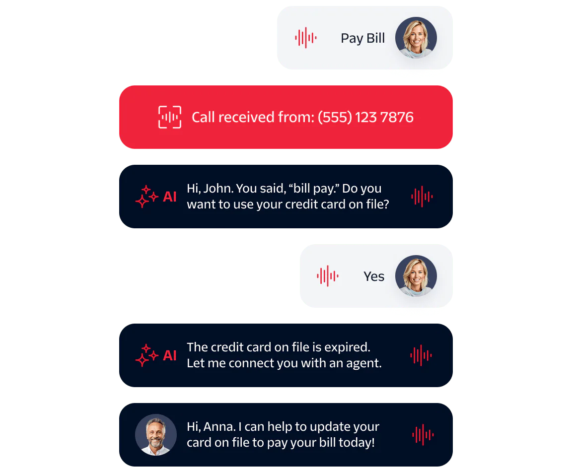 Chat between customer and AI assistant about bill payment and credit card update with agent interaction.