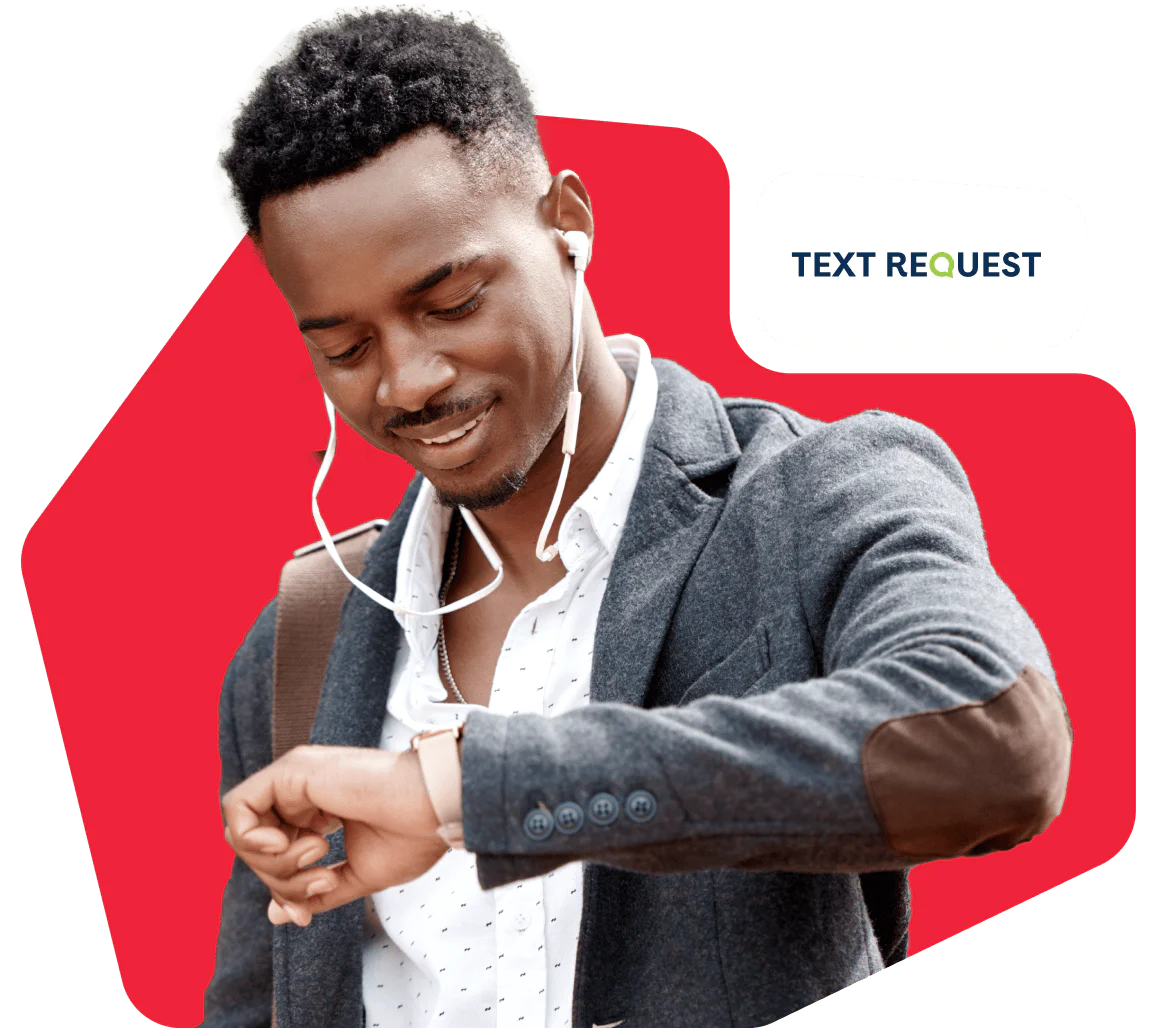 Man with earbuds looks at his watch with Text Request logo in the background.