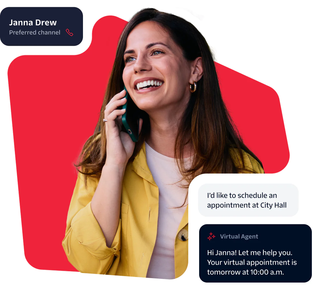 Woman in yellow jacket talking on phone, scheduling an appointment through virtual agent.