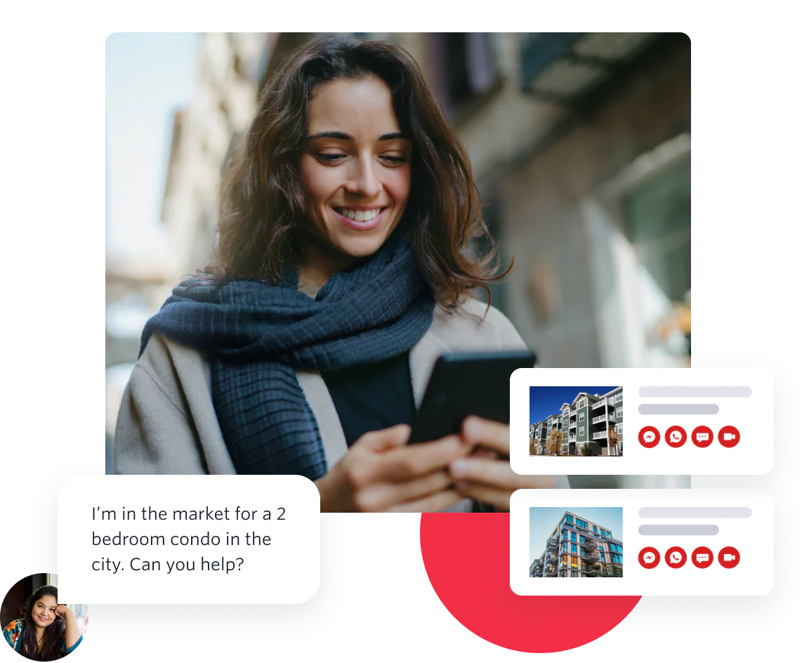 Image of a happy real estate agent receiving a request from a potential buyer and responding via text message with links to listings.