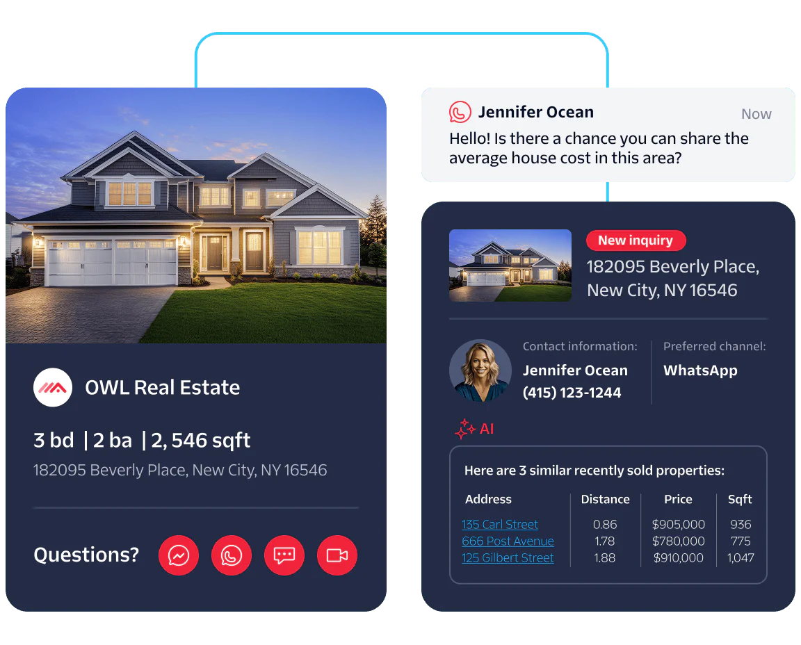 Real estate listing with a message conversation about home costs and property details.