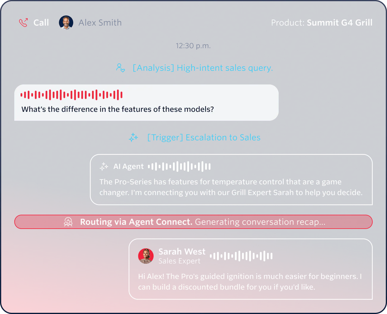 Chat interface depicting an AI agent and sales expert helping a customer with a Summit G4 grill inquiry.