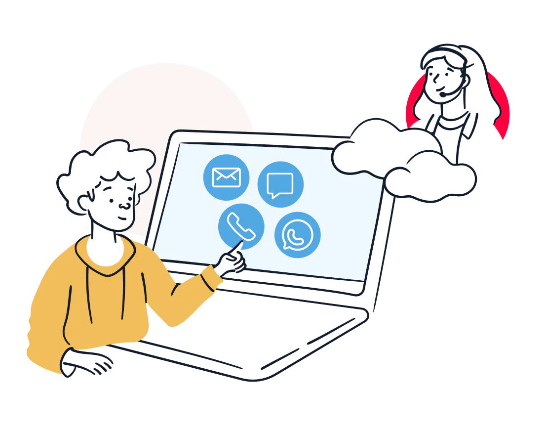 Illustration of customers selecting the communication channel they want to use when reaching out to a customer service agent.