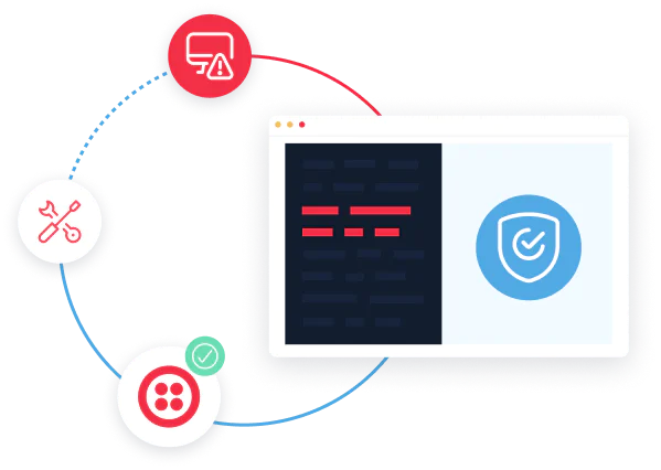 Illustrated screen with security badge and analytical icons in a circular flow.