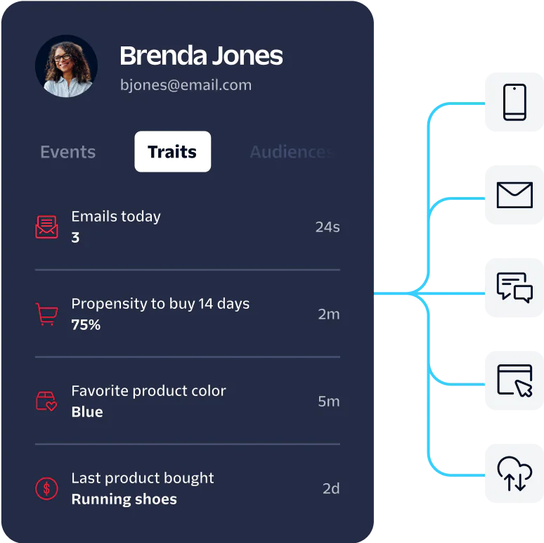 Dashboard displaying user traits such as email activity, purchase propensity, preferences and last product bought.