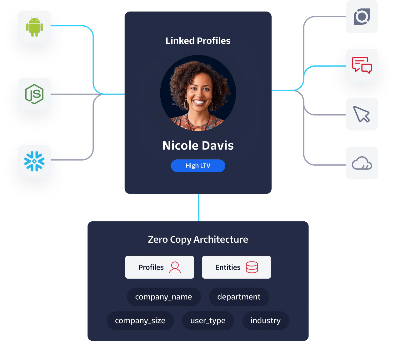 Diagram showing linked profiles and zero copy architecture with connected entities and key details.