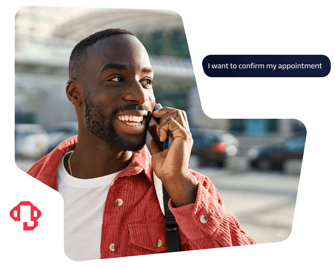 Man in red sweater checks phone for sweater discount notification from Owl Sweaters.