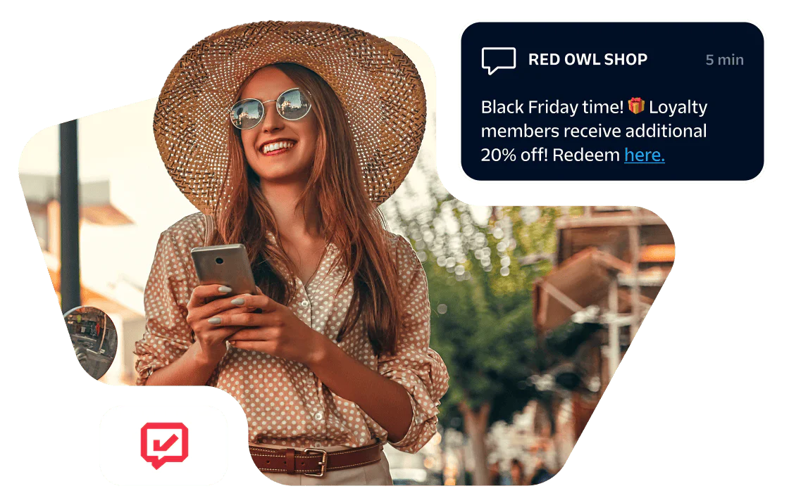 Woman wearing sunglasses and hat, holding smartphone with Black Friday sale notification on-screen.