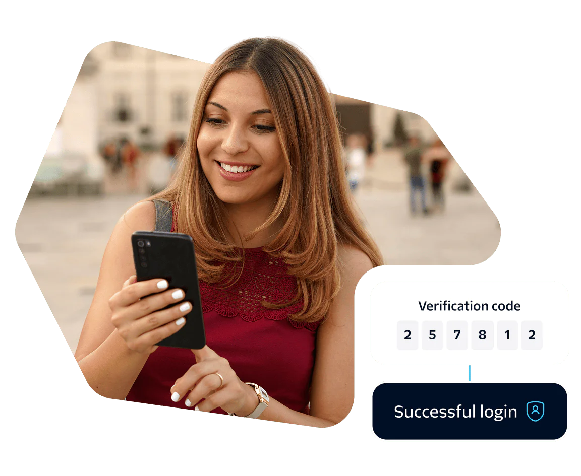 Woman Successfully Logging In with Verification Code Woman entering verification code on smartphone with a Successful login message displayed.