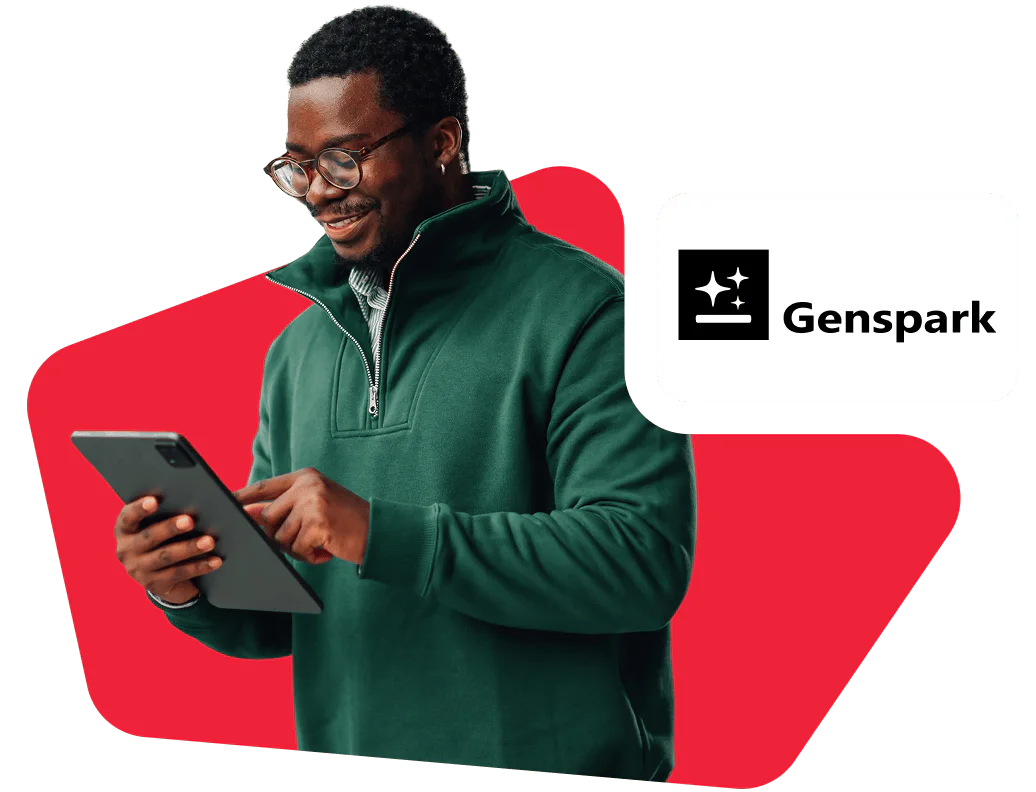 Man in green shirt using a tablet with Genspark logo beside him