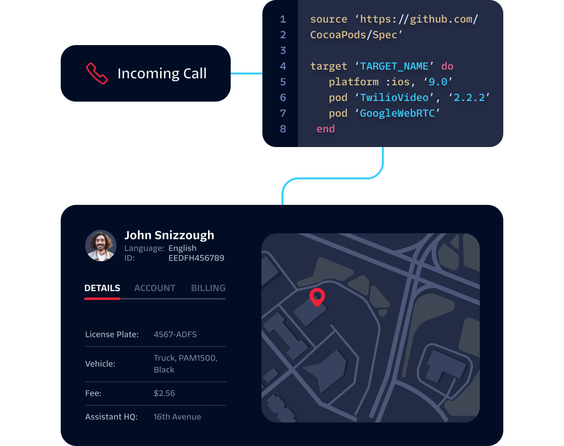 Interface showing an incoming call detail and user's profile with language, ID, vehicle, and location.
