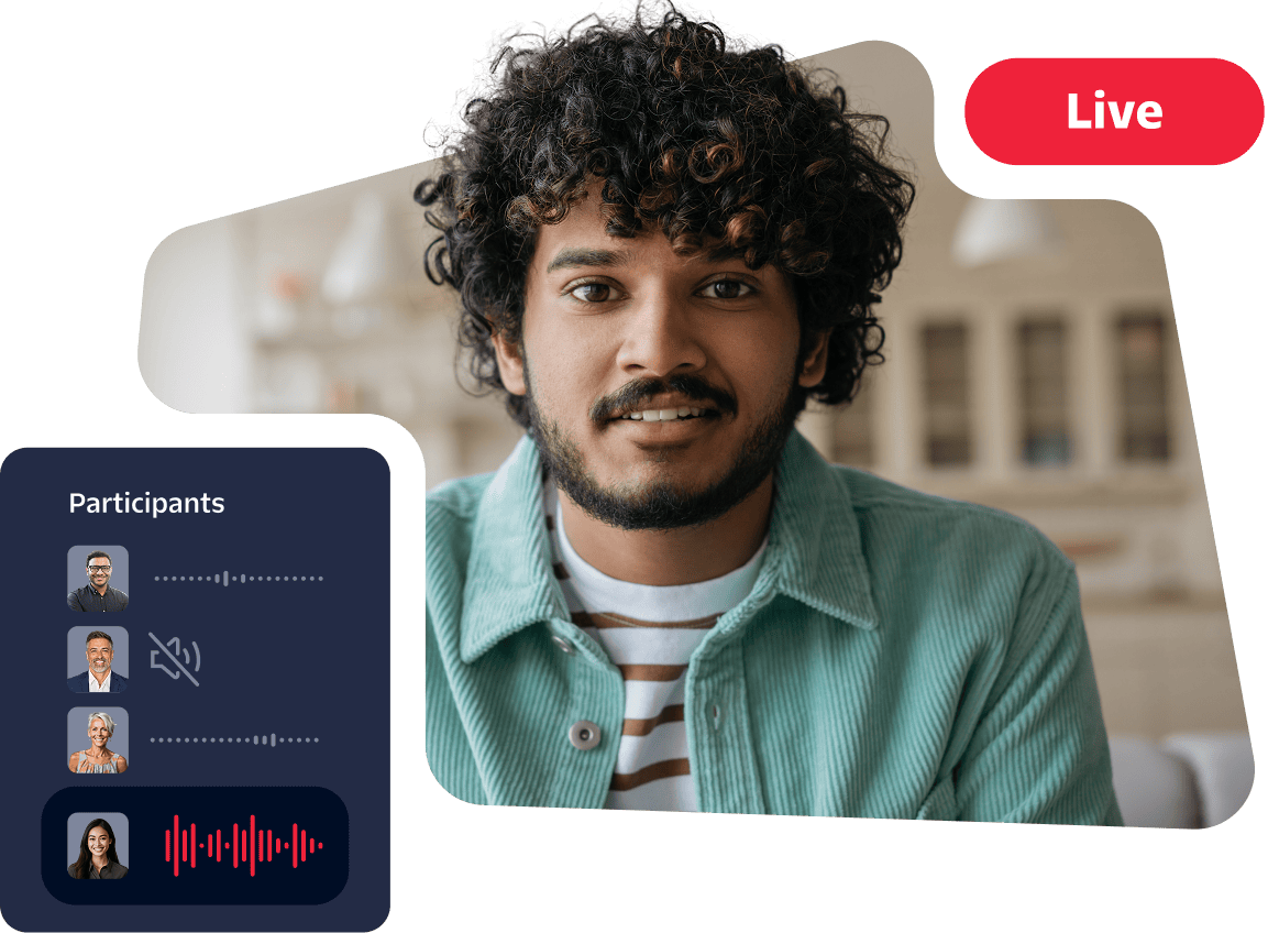 Person in green shirt on a live video call with three participants shown in a sidebar
