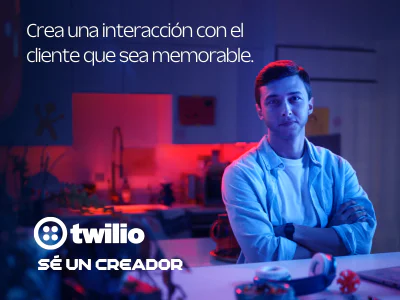 Digital Marketing Professional in a Tech Office Man standing with crossed arms in a tech office, promoting Twilio, with tagline on customer engagement.